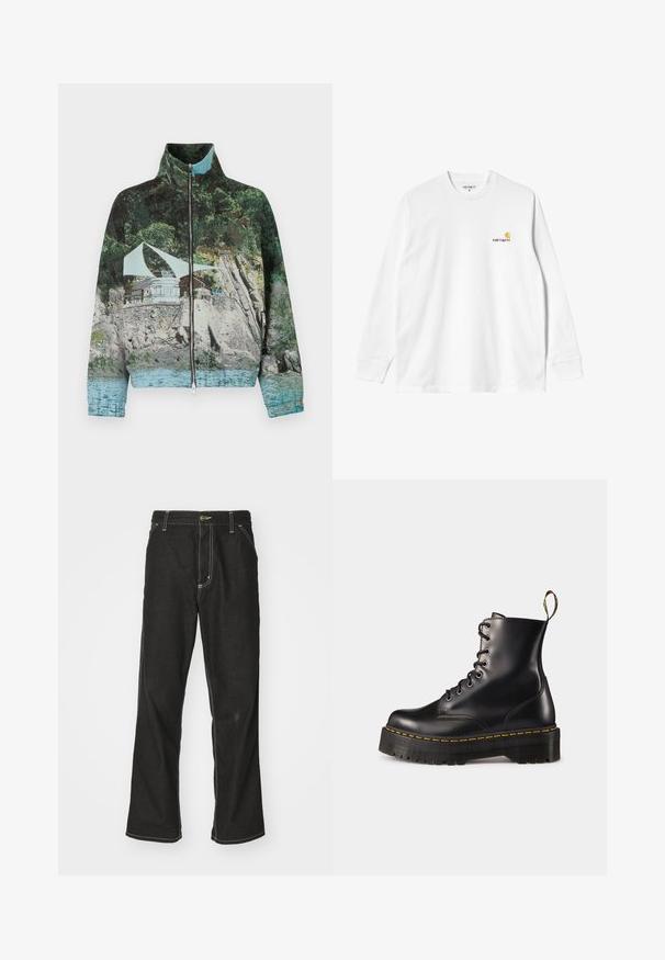 Tõmblukuga jakk, millel on fotoprint rannikust, kus on kivid, vesi ja ehitis; värvid sisaldavad roheline, sinine ja pruun.; Pika, valgest puuvillast t-särgist pikkade varrukatega, ringkaelusega, vasakul rinnal on väike kollane ja burgundia logo. Ühendamata varrukasäärte ja alläärega.; Mustadest denimist püksid, lahtise lõikega, kontrastsete valgete õmblustega, nööbiga kinnitamine ja sirge säär.; Mustad musta nahast kingad, millel on paks must solk ja kollane õmblus. Tagaküljel on tõmblõng ja ümmargused metallisest silmad.