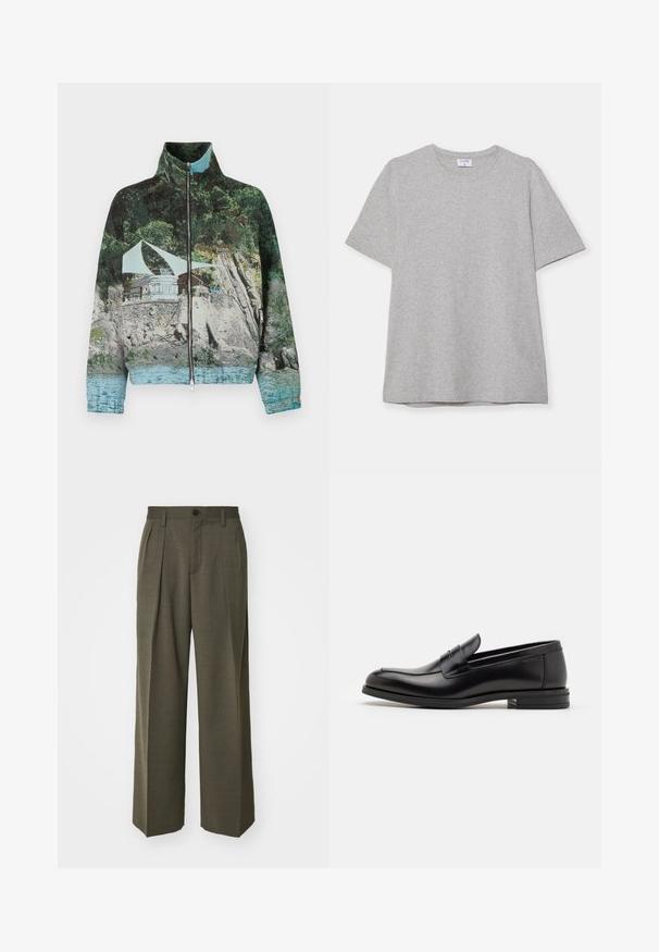 Zippered jacket featuring a photographic print of a coastal scene with rocks, water, and a structure; colors include green, blue, and brown.; Gray short-sleeve T-shirt made from soft, textured fabric. Features a classic crew neck and a straight hem, suitable for casual wear.; Filippa K WIDE TROUSERS - Trousers - driftwood; Black leather loafers with a smooth texture, rounded toe, and a decorative strap across the vamp. Low stacked heel, minimalist design.