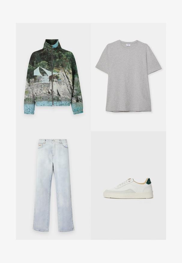 Zippered jacket featuring a photographic print of a coastal scene with rocks, water, and a structure; colors include green, blue, and brown.; Gray short-sleeve T-shirt made from soft, textured fabric. Features a classic crew neck and a straight hem, suitable for casual wear.; Light blue denim jeans with a straight leg design, featuring a button closure, five pockets, and contrast stitching.; White sneaker with suede accents, rounded toe, flat laces, and a cream rubber sole. Features green branding on the heel.