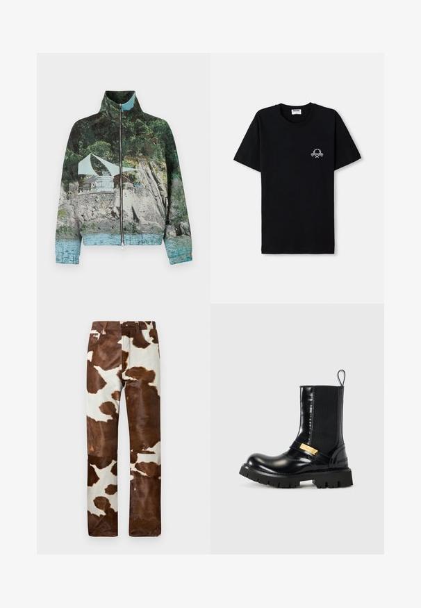 Tõmblukuga jakk, millel on fotoprint rannikust, kus on kivid, vesi ja ehitis; värvid sisaldavad roheline, sinine ja pruun.; Must musträpiga t-särk, millel on ümmargune kaelus. Esipaneelil on väike valge graafiline disain. Lühikesed varrukad ja sirge serv.; Lehmade mustriga püksid, pruunide ja beežide toonide segus. Omab vabalt istuvat lõiget, tugevat denimmaterjali ja klassikalist viit tasku.; Must mustaene naisteri, millel on elastsed külgplaatide, kuldne aktsentrihm ja tumm must kummist tald. Sile viimistlus ja ümar varvas.