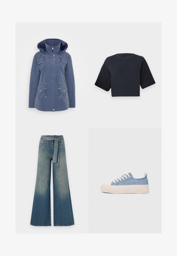 Navy blue jacket made of water-resistant material. Features a hood, zip front, drawstring waist, and two chest pockets with snap closures.; Dark navy cropped knit sweater with ribbed texture, short wide sleeves, and a round neckline. Simple design, no visible patterns or accents.; Wide-leg denim trousers featuring a light to dark blue gradient, high waist, belt loops, and a matching fabric belt. Textured denim finish.; Light blue canvas sneakers with a cream rubber toe cap and outsole, featuring white laces and a pull tab on the heel.