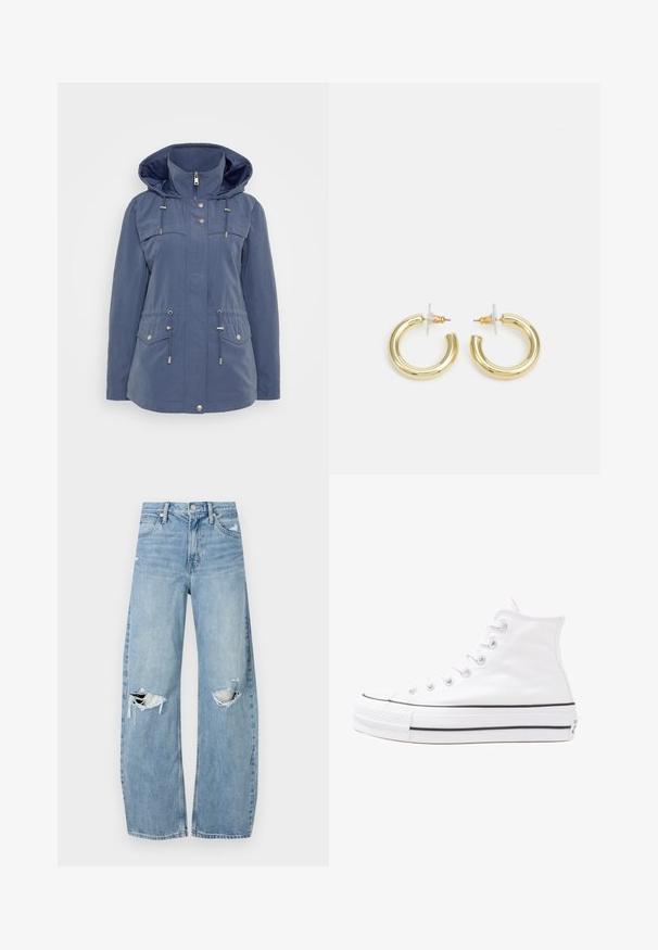 Jūros mėlynos spalvos striukė, pagaminta iš vandeniui atsparios medžiagos. Yra su gobtuvu, užtrauktuku priekyje, raišteliu liemenyje ir dviem krūtinės kišenėmis su spaudėmis.; Juodas per didelis marškinėliai su bearo grafika ir tekstu "NE SIAUBINGA, BET NERAMUS" bold baltomis raidėmis. Pagaminta iš medvilnės.; Šviesiai mėlynos, aukštu juosmeniu džinsai pagaminti iš džinsinio audinio. Turi plačias kojų kelnes, dvi suplėšytas kelio vietas ir klasikinį penkių kišenių dizainą.; Balti aukštakulniai drobės sportbačiai su juodu guminio pado, priekinio guminio piršto dangteliu ir šešiais akytėmis raištams, pasižymintys švariu, minimalistiniu dizainu.; Aukso auskarai su lygiu, blizgiu paviršiumi. Apvalus dizainas su maža užrakto dalimi ir skaidria atrama saugiam nešiojimui.