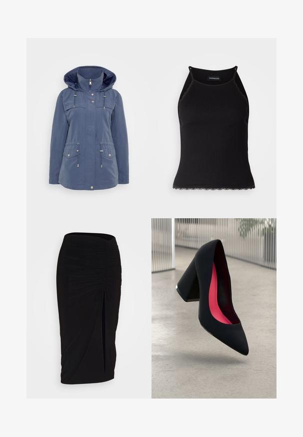 Tumed sinine jakk, mis on valmistatud veekindlast materjalist. Omab kapuutsi, tõmblukk ees, nööri vöökohta ja kahte rinnaTaskut näppudega sulgemisega.; Must mustriba top musta servadega äärega. Omab peeneid rihmu ja istuvat disaini. Valmistatud venivast kangast.; Mustast, rikutud pliiatsiseelik sidumisdetailiga ja küljes lahtise lõhenemisega. Valmistatud venivast kangast, millel on sile tekstuur ja keha lähedane lõige.; Mustad must kõrged kontsad, terava ninaga, tekstuurse pinnaga ning erksa roosa sisemusega. Omab paksu kontsa koos hõbedase aktsendiga.