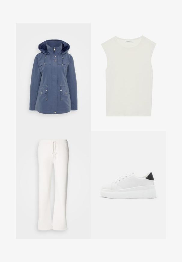 Casaco azul-marinho feito de material resistente à água. Possui capuz, fecho de correr à frente, cintura ajustável com cordão e dois bolsos no peito com fechos de pressão.; Top branco sem mangas com decote redondo. Feito de um tecido liso, apresenta um corte descontraído e um design minimalista. Sem padrões ou detalhes.; Calças de fato brancas, de corte descontraído, feitas de um tecido macio, com um cós elástico e um cordão de ajuste, apresentando um design de pernas retas.; Tênis plataforma brancos feitos de material sintético suave, apresentando ponta arredondada, design com cadarços e sola de borracha texturizada. Acento preto no calcanhar.