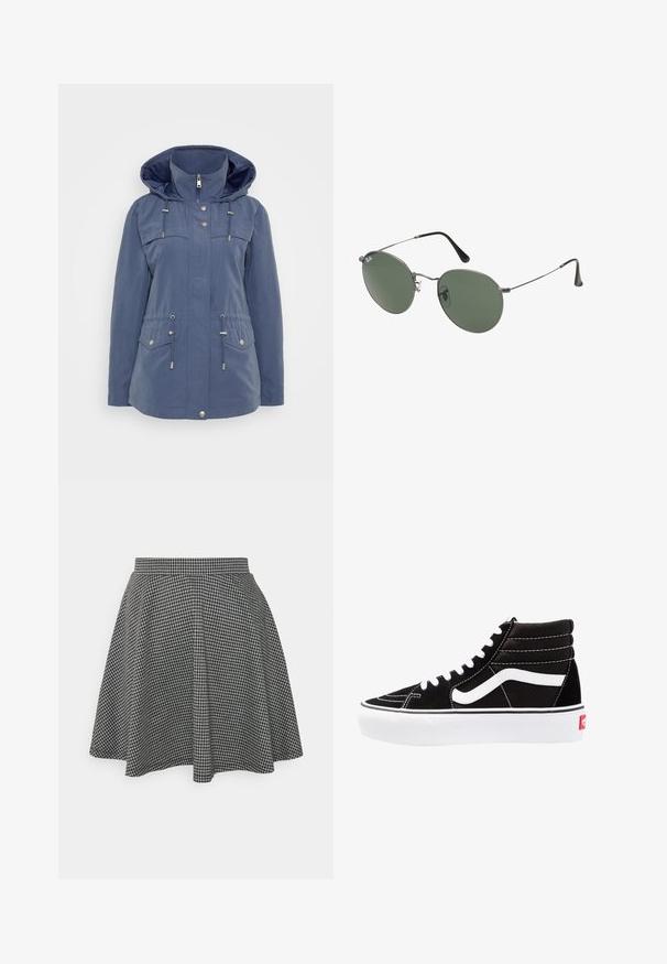 Mörkblå jacka i vattenavvisande material. Har en huva, dragkedja fram, justerbar midja och två bröstfickor med tryckknappsstängning.; Svart ribbad kort tanktopp med rund halsringning och ärmlös design. Tillverkad av mjuk, stretchy tyg med rena, fållade kanter.; Svart och vit rutmönstrad skaterkjol med en åtsittande midja och utsvängd nederkant, tillverkad av textil med en klassisk struktur.; Svarta hög top sneakers med vita snören, en vit logotyp och kontrasterande vita sömmar. Har en tjock vit sula och texturerad mockaöverdel.; Metallinramade solglasögon med ovala gröna linser. Tunn silvermetallram och svarta öronpluggar. Minimalistisk design, inga synliga logotyper.