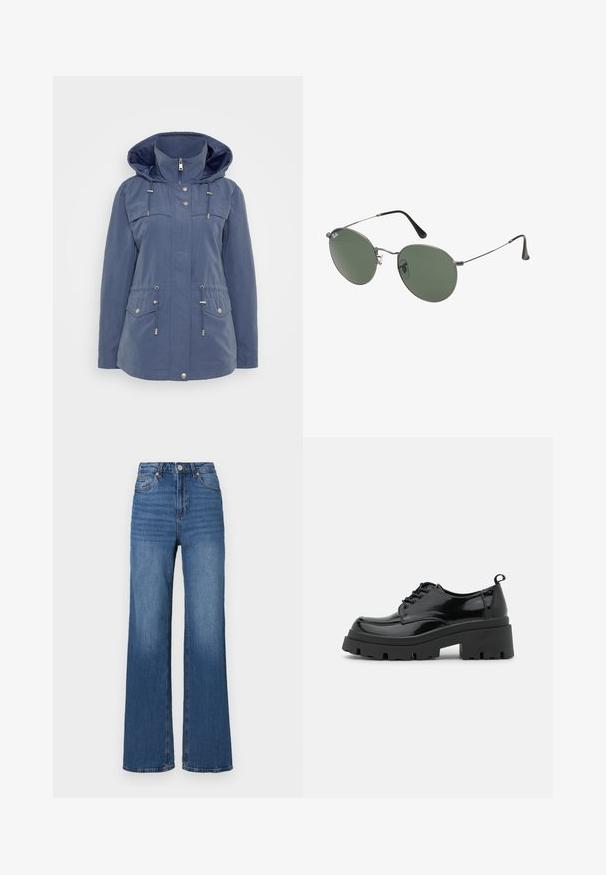 Mørkeblå jakke laget av vannavstøtende materiale. Har hette, glidelås foran, snøring i midjen og to brystlommer med trykknapper.; Svart ribbet crop tank top med rund halslinning og ermeless design. Laget av myk, elastisk stoff med rene, kantede kanter.; Høyt liv, vide ben blå jeans laget av denim, med en klassisk fem-lomme design og subtile falminger langs bena.; Sorte lakk lær sko med en kraftig plattformsåle og tykke snører. Avrundet tå, minimal detaljering, og en liten hæltab bak.; Metallinnrammede solbriller med ovale grønne linser. Tynn sølvfarget metallramme og svarte øreplugger. Minimalistisk design, ingen synlige logoer.
