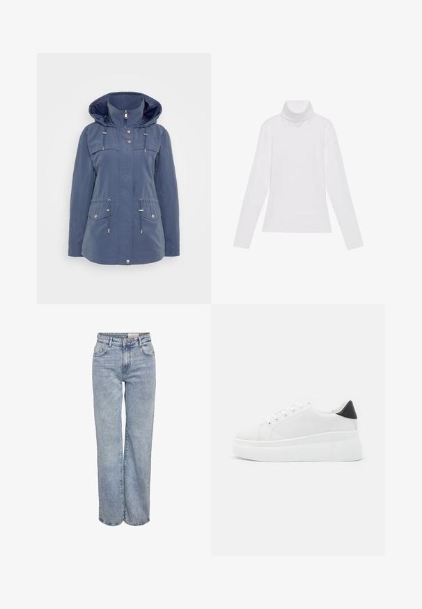 Navy blue jacket made of water-resistant material. Features a hood, zip front, drawstring waist, and two chest pockets with snap closures.; White long-sleeve turtleneck top made of smooth, stretchy fabric. Features a high collar and fitted design, with no visible patterns or embellishments.; Light blue wide-leg jeans made from denim, featuring a high waist, five-pocket design, and subtle fading for a worn-in look.; White platform sneakers made of smooth synthetic material, featuring a rounded toe, lace-up design, and a textured rubber sole. Black heel accent.