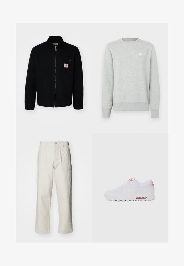Černá plátěná bunda na zip, s špičatým límcem a postranními kapsami. Obsahuje malé logo na kapse na hrudi. Zlatý zip jako detail.; Šedá mikina z měkkého fleecového materiálu, s žebrovanými manžetami a spodním lemem, s malým bílým logem Nike na hrudi.; Světle béžové kalhoty s širokými nohavicemi vyrobené z bavlny. Obsahují přední kapsy a zapínání na knoflík. Hladký povrch s jemnými vertikálními pruhy.; Bílé sportovní tenisky s hladkým svrškem, šněrováním, polstrovanou podrážkou a viditelnou vzduchovou jednotkou s červenými akcenty na značce.