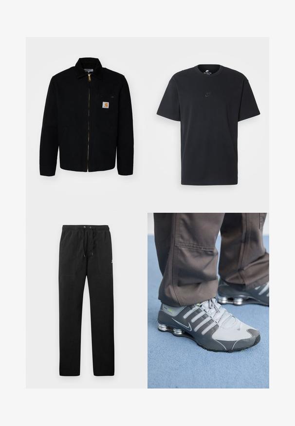 Juodas drobės švarkas su užtrauktuku priekyje, smailiu apykakle ir šoninėmis kišenėmis. Ant krūtinės kišelio yra mažas logotipas. Auksinė užtrauktuko detalė.; Juodas medvilninis Nike marškinėliai su klasikinėmis apykaklėmis, trumpomis rankovėmis ir subtiliu, įspaustu logotipu ant krūtinės. Sklandus tekstūra.; Juodos vilnonės kelnės su elastiniu juosmeniu ir raišteliais, dviem priekinėmis kišenėmis ir maža slogo ant šlaunies.; Pilki ir sidabriniai Nike Shox sportiniai bateliai pasižymi elegantišku dizainu, pagaminti iš tinklinės ir sintetinės medžiagos, turi apvalų pirštą ir paminkštintą apykaklę.