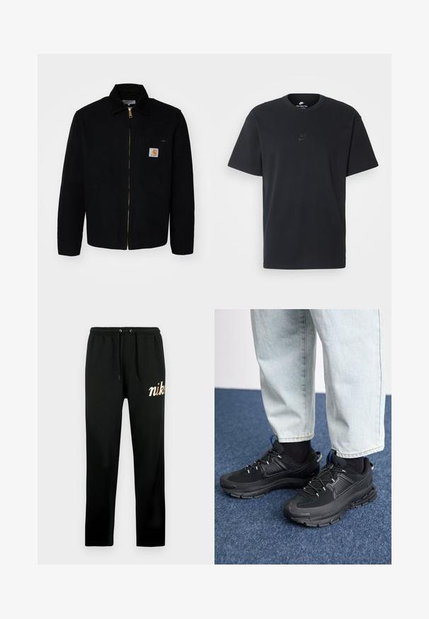 Black canvas jacket with a zip front, a pointed collar, and side pockets. Features a small logo on the chest pocket. Gold zipper detail.; Nike black cotton t-shirt with a classic crew neck, short sleeves, and a subtle, embossed logo on the chest. Smooth texture.; Black sweatpants made of soft fabric, featuring an elastic waistband with drawstrings, tapered legs, and a gold embroidered "nike" logo.; Black athletic shoes with textured fabric and rubber soles, featuring elastic laces and a blue accent on the heel. Worn with light denim pants.