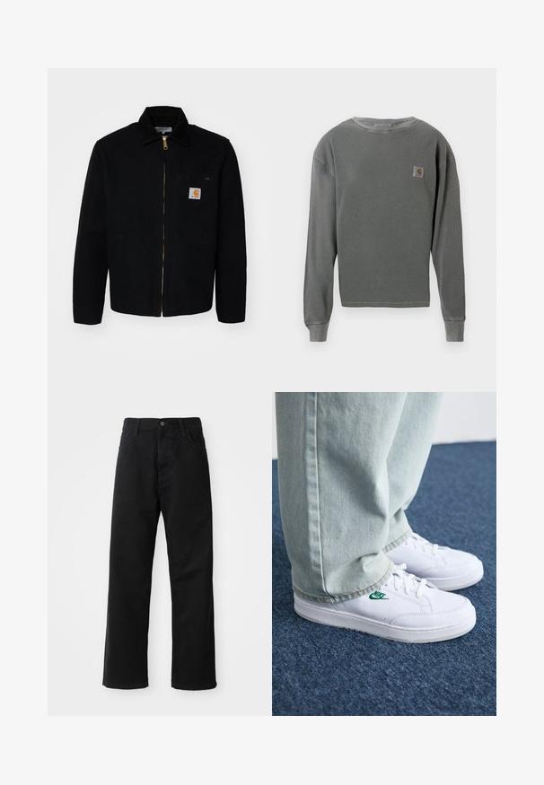 Black canvas jacket with a zip front, a pointed collar, and side pockets. Features a small logo on the chest pocket. Gold zipper detail.; Gray long-sleeve crewneck sweatshirt with ribbed texture, featuring a small square logo patch on the left chest and ribbed cuffs.; Black denim pants with a straight cut, featuring front pockets, a zip fly, and a single top button. Textured fabric with a matte finish.; White leather sneakers with green Nike logo, round toe, flat sole, paired with light blue denim pants, shown on a blue carpet.