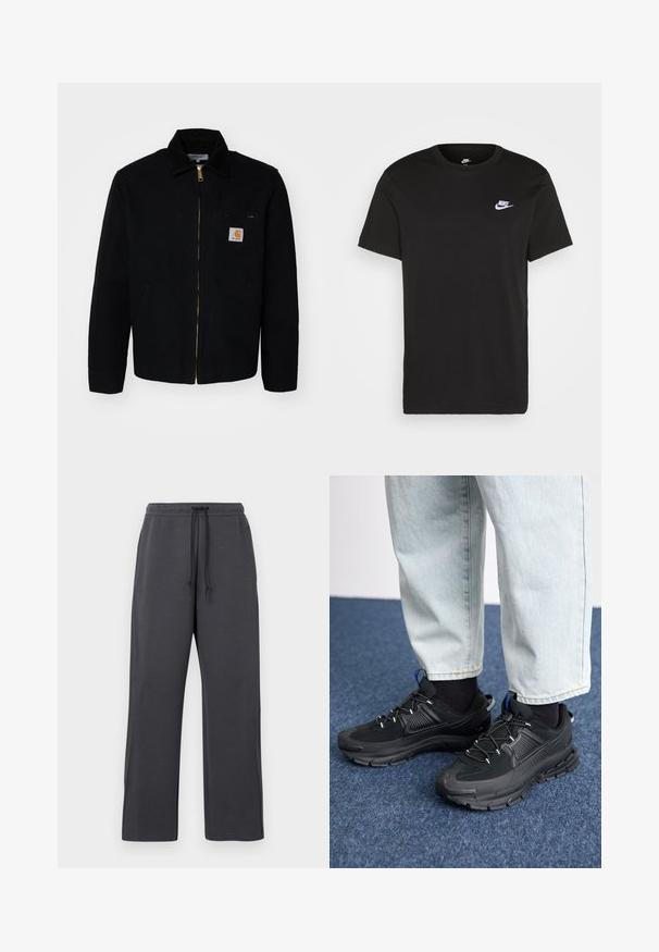 Mustapohjainen kannettava takki, jossa on vetoketju edessä, kärkipartainen kaulus ja sivutaskut. Rintataskussa on pieni logo. Kultainen vetoketjuyksityiskohta.; Mustapaita, jossa on lyhyet hihat, pyöreä kaula-aukko ja pieni valkoinen Nike-logo vasemmassa ylärinnassa. Sileä rakenne. Klassinen malli.; Harmaat collegehousut, joissa on kiristysnauha vyötäröllä, valmistettu pehmeästä kankaasta. Leveät lahkeet sivusaumoilla, hillityt yksityiskohdat eikä näkyviä kuvioita.; Mustat urheilukengät, joissa on teksturoitu kangas ja kumipohjat, elastiset nauhat ja sininen yksityiskohta kannassa. Yhdistetty vaaleisiin farkkuihin.