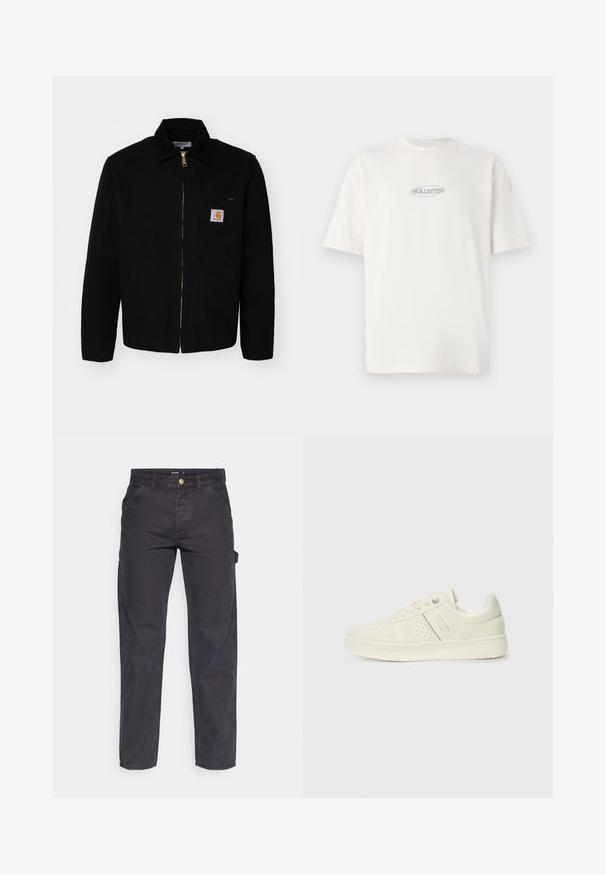 Čierna plátěná bunda so zipsom vpredu, špicatým golierom a bočnými vreckami. Obsahuje malé logo na vrecku na hrudi. Zlatý detail zipsu.; Biele bavlnené tričko s kulatým výstrihom a krátkymi rukávmi, so malým šedým logom "HOLLISTER" umiestneným na hrudi.; Tmavošedé cargo nohavice vyrobené z odolného materiálu, s rovnými nohavicami, piatimi vreckami a gombíkovým zapínaním v páse.; Krémová teniska s perforovanými detailmi, šnúrkami a logom na boku, vystavená na jednoduchej bielej pozadí.