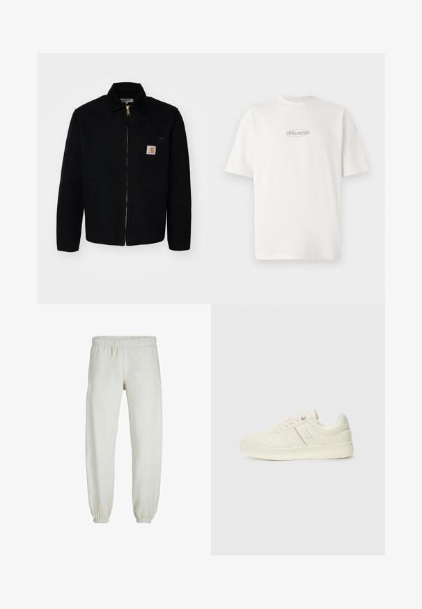 Crna platnena jakna s patentnim zatvaračem, oštrim ovratnikom i bočnim džepovima. Sadrži mali logo na džepu na prsima. Zlatni detalj na patentnom zatvaraču.; Bijela pamučna majica s okruglim izrezom i kratkim rukavima, s malim sivim logotipom "HOLLISTER" u središtu prsnog dijela.; Bijele trenirke napravljene od mekanog materijala, s elastikom u struku i na manžetama, glatke teksture i labavog kroja.; Kremasto bijele tenisice s perforiranim detaljima, vezicama i logotipom s bočne strane, prikazane na jednostavnoj bijeloj pozadini.