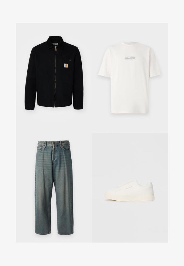 Fekete vászon dzseki cipzárral az elülső részen, hegyes gallérral és oldalsó zsebekkel. Kis logó található a mellzsebén. Arany színű cipzár részletezés.; Fehér pamut póló kerek nyakkal és rövid ujjakkal, középen egy kis szürke "HOLLISTER" logóval a mellkasán.; Világoskék farmernadrág, laza fazonnal, közepes derékbőséggel és egyenes szárral. Öt zsebet, övbucskát és gombos záródást tartalmaz.; Fehér slip-on sportcipők texturált felülettel, vastag talppal és minimalista dizájnnal. Az oldalon a márka logója található.