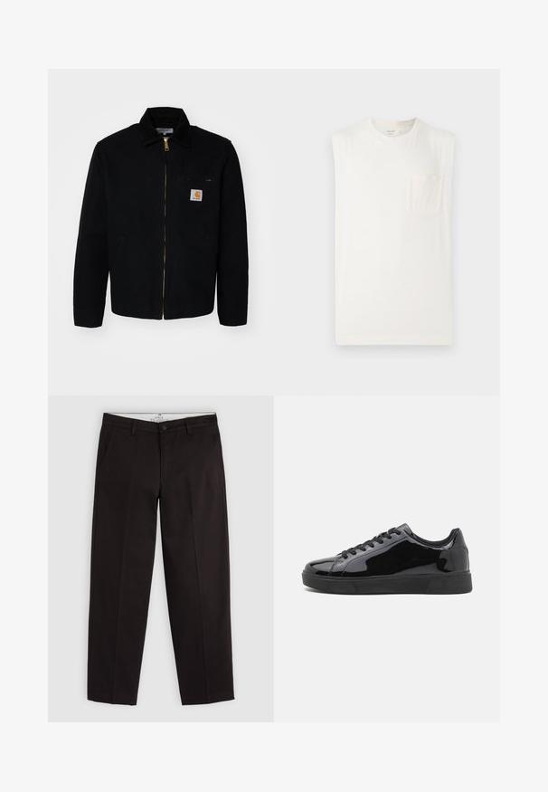 Jachetă din pânză neagră cu fermoar în față, guler ascuțit și buzunare laterale. Prezintă un logo mic pe buzunarul de la piept. Detalii cu fermoar auriu.; Tricou alb fără mâneci, din bumbac moale. Guler rotund și buzunar pe pieptul stâng. Textură netedă și tiv drept.; Chino negri cu picioare drepte, cu bucle pentru curea, închidere cu nasture și buzunare laterale, expuși pe un fundal gri deschis.; Tenisi din piele lacuită neagră, cu vârf rotund, talpă plată din cauciuc și șireturi negre. Textură netedă și lucioasă pe suprafața superioară.