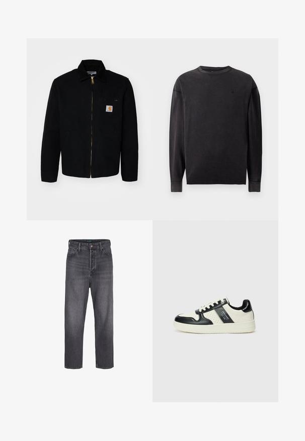 Jachetă din pânză neagră cu fermoar în față, guler ascuțit și buzunare laterale. Prezintă un logo mic pe buzunarul de la piept. Detalii cu fermoar auriu.; Tricou negru cu mânecă lungă din bumbac, cu guler rotund, mâneci cu manșete și un logo mic pe piept. Textură netedă.; Jeans din denim gri închis, cu un design dreapt, talie înaltă, styling cu cinci buzunare și ușor decolorate. Închidere cu buton metalic și fermoar.; Tenisi din piele cu un scheme de culori negru și crem, dotati cu accente perforate, guler căptușit și o talpă texturată.