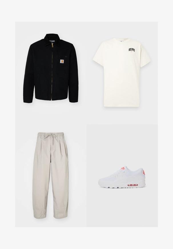 Fekete vászon dzseki cipzárral az elülső részen, hegyes gallérral és oldalsó zsebekkel. Kis logó található a mellzsebén. Arany színű cipzár részletezés.; Krém színű pamut póló rövid ujjakkal, fekete és piros "NIKE SB" felirattal a mellkasán. Standard kerek nyakkivágással.; Beige, könnyű nadrág, rugalmas derékkal és zsinórral. Ráncokkal és laza szabással rendelkezik, puha, sima anyagból készült.; Fehér sportcipő, sima felsőrésszel, fűzős zárással, párnázott talppal és látható légpárnával, piros részletekkel a logón.