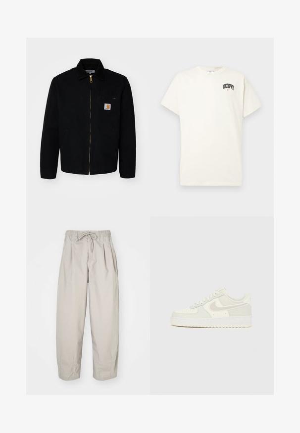 Zwarte canvas jas met een rits aan de voorkant, een puntige kraag en zijzakken. Bevat een klein logo op de borstzak. Gouden ritsdetails.; Crème-kleurige katoenen T-shirt met korte mouwen, voorzien van "NIKE SB" in zwarte en rode tekst op de borst. Standaard ronde halslijn.; Beige, lichte broek met een elastische tailleband en trekkoord. Beschikt over plooien en een losse pasvorm, gemaakt van een zachte, gladde stof.; Witte Nike Air Force 1 sneakers met een glad leren bovenwerk, lichtgrijze accenten, perforaties op de neus en een gestructureerde rubberen zool.