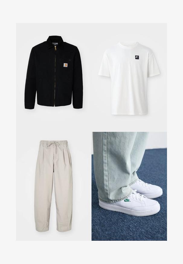 Črna platnena jakna z zadrgo spredaj, z ostrim ovratnikom in stranskimi žepi. Ima majhno logo na žepu na prsih. Zlati detajl zadrge.; Bela bomba iz 100% bombaža s kratkimi rokavi in okroglim izrezom; na levem prsnem delu ima majhen črn pravokotni logotip Nike Air.; Bež hlače iz lahkega materiala z elastičnim pasom in vrvico. Imajo gube in ohlapen kroj, izdelane so iz mehkega, gladkega blaga.; Bela usnjena športna obutev z zelenim Nike logotipom, okrogla konica, ravna podplat, v kombinaciji z svetlo modrimi kavbojkami, prikazana na modrem preprogu.