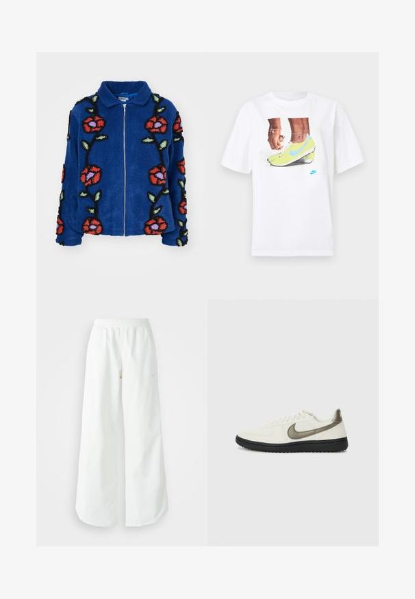 Obey Clothing FIELDS JACKET - Vinterjakker - deep blue multi; Hvid bomulds t-shirt med et grafisk motiv af fødder i gule Nike støvler med blå accenter, parret med et armbånd på venstre håndled.; Hvide athletic bukser med vidde, ribbet talje og subtile logo detaljer. Glat stof med en afslappet pasform og tapered hals.; Nike Sportswear FIELD GENERAL - Sneakers - off-white/black