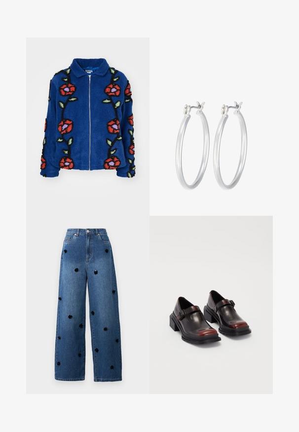 Obey Clothing FIELDS JACKET - Zimska jakna - deep blue multi; Bijela rebrasta dugosveđa majica s okruglim izrezom. Izrađena od rastezljivog materijala koji se prilagođava tijelu. Sadrži suptilne horizontalne linije.; Široke plave traperice s crnim cvjetnim aplikacijama raspršenim po tkanini. Imaju visoki struk i klasičan dizajn s pet džepova.; Cipele s blok potpeticom od kože, s sjajnom tamnocrvenom završnom obradom, opremljene remenom s kopčom i dizajnom s okruglim nosom. Teksturirani đon za prianjanje.; Srebrne kružne naušnice s glatkom, poliranom površinom. Okrugli oblik i sigurno kopčanje na klik. Lagani dizajn pogodan za svakodnevno nošenje.