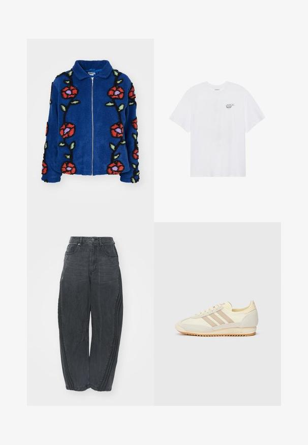 Obey Clothing FIELDS JACKET - Vinterjakke - deep blue multi; Even&Odd T-shirts med print - white; Baggy svarte denimjeans med en falmet finish, fem lommer, belteknapplukking og sømdetaljer på forsiden og sidene.; Kremfargede joggesko med tre beige striper, laget av semsket skinn og tekstilmaterialer, med en teksturert såle og preget merkevare på hælen.