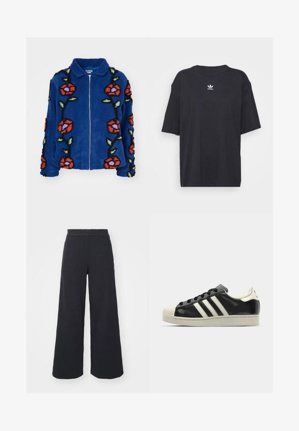 Obey Clothing FIELDS JACKET - Giacca invernale - deep blue multi; T-shirt in cotone nero con maniche corte, scollatura rotonda, presenta un logo bianco Adidas sul petto. Design semplice, vestibilità rilassata.; Pantaloni felpati neri a gamba larga realizzati in tessuto morbido, con un elastico in vita e un piccolo logo sul lato sinistro.; Sneaker in pelle nera con strisce bianche, punta in gomma, lacci neri e suola di colore crema. Texture liscia con finitura brillante.