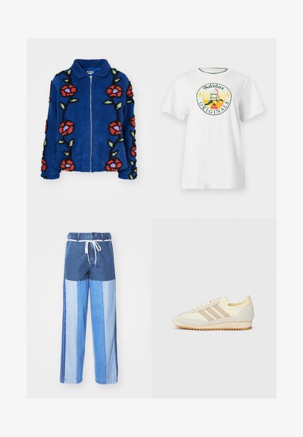 Obey Clothing FIELDS JACKET - Veste d'hiver - deep blue multi; T-shirt en coton blanc à manches courtes, avec un logo graphique rond en vert et jaune, affichant "Adidas Originals" et des motifs de fruits.; Pantalon en denim bleu avec un design patchwork aux nuances de bleu variées, une taille à cordon et des jambes droites amples.; Sneaker athlétique crème avec trois rayures beiges, en matériaux en suède et textile, une semelle texturée et une marque en relief sur le talon.