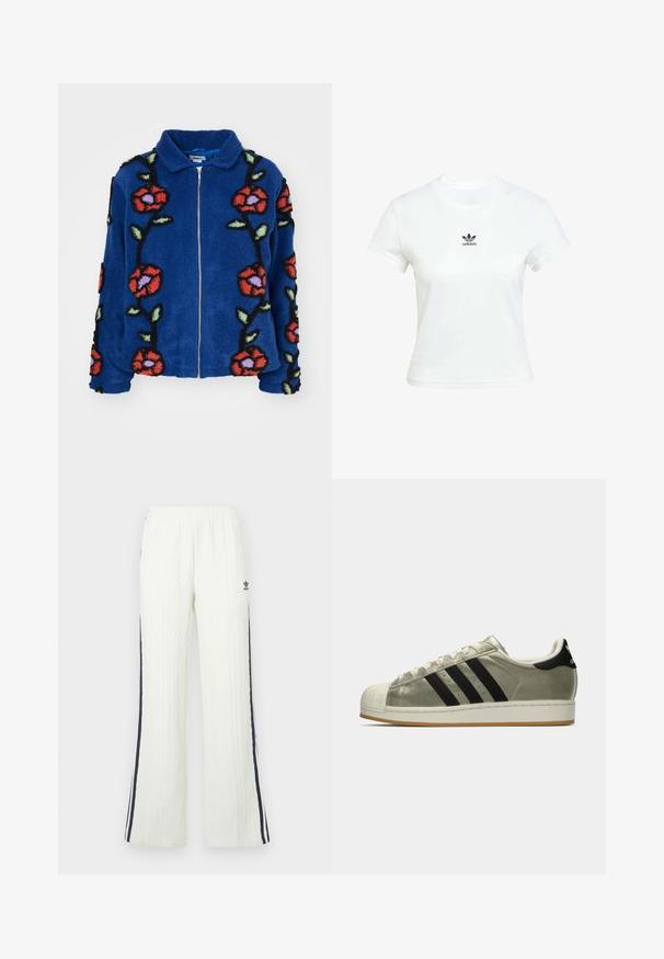 Obey Clothing FIELDS JACKET - Winterjacke - deep blue multi; Weißes Baumwoll-T-Shirt mit kurzen Ärmeln und Rundhalsausschnitt. Verfügt über ein schwarzes Adidas-Logo, das auf der Brust gedruckt ist. Einfaches, minimalistisches Design.; Helle cremefarbene Strickhose mit Zopfmuster und ausgestelltem Schnitt. Verfügt über dunkelblaue Seitenstreifen und ein Adidas-Logo an der Hüfte. Elastischer Bund.; Adidas Sneaker mit einem metallischen Oliven-Obermaterial, drei schwarzen Streifen, Gummizehenspitze und einer Gummisohle. Klassisches Design mit strukturiertem Stoff.