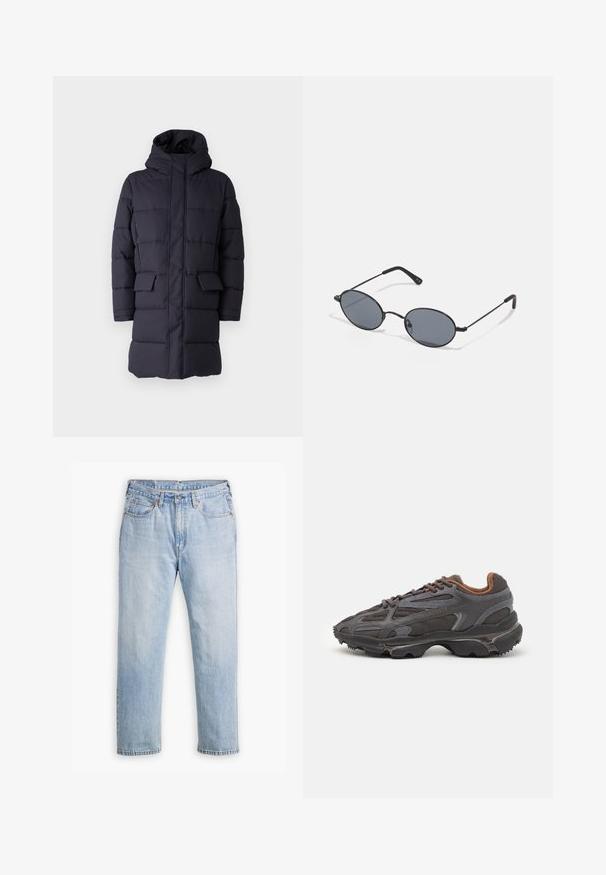 Navy puffer coat with a hood, featuring horizontal quilting, two front pockets, and a zip closure. Made of a durable fabric.; Black lightweight sweater with a half-zip collar, ribbed cuffs and hem, featuring a small green logo on the chest.; Light blue denim jeans with a straight leg design, five-pocket style, and contrasting stitching. Button and zipper closure at the waist.; Lacoste sneakers in dark gray with mesh and synthetic material, featuring a textured sole and brown accents on the collar and branding.; Black oval sunglasses with dark lenses and thin metal frames. Features slender arms with a subtle curve at the ends.