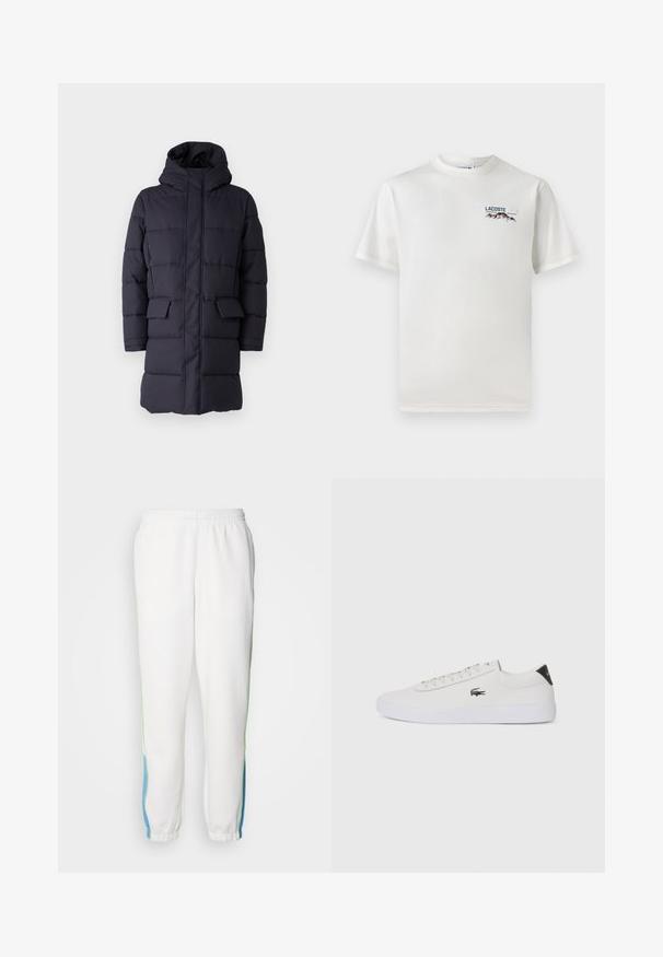 Kék puffermellény kapucnival, vízszintes steppelésű kialakítással, két elülső zsebbel és cipzáras záródással. Tartós anyagból készült.; Fehér pamut póló kerek nyakkivágással, rövid ujjal és egy kis gépi hímzésű logóval, amely hegyeket és szöveget ábrázol a bal mellen.; Fehér melegítőnadrág, gumis derékkal, zöld és kék oldalsávokkal. Puha anyagból készült, taperált bokarészes kialakítással.; Fehér bőr sportcipő kerek orral, fűzős elülső résszel és fekete sarok akcentussal. Oldalán egy kis hímzett krokodil logóval rendelkezik.