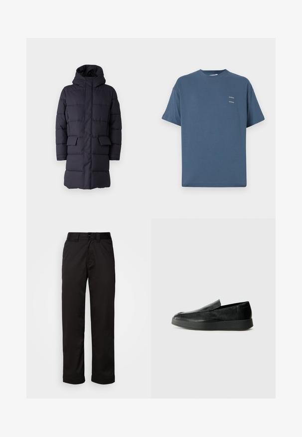 Navy puffer coat with a hood, featuring horizontal quilting, two front pockets, and a zip closure. Made of a durable fabric.; Blue cotton t-shirt with a classic crew neck, short sleeves, relaxed fit, and two small printed logos on the chest. Smooth texture.; Black trousers made of smooth fabric, featuring a zip fly, button closure, and rolled cuffs for a casual design.; Calvin Klein HYBRID CUP - Slip-ons - triple black