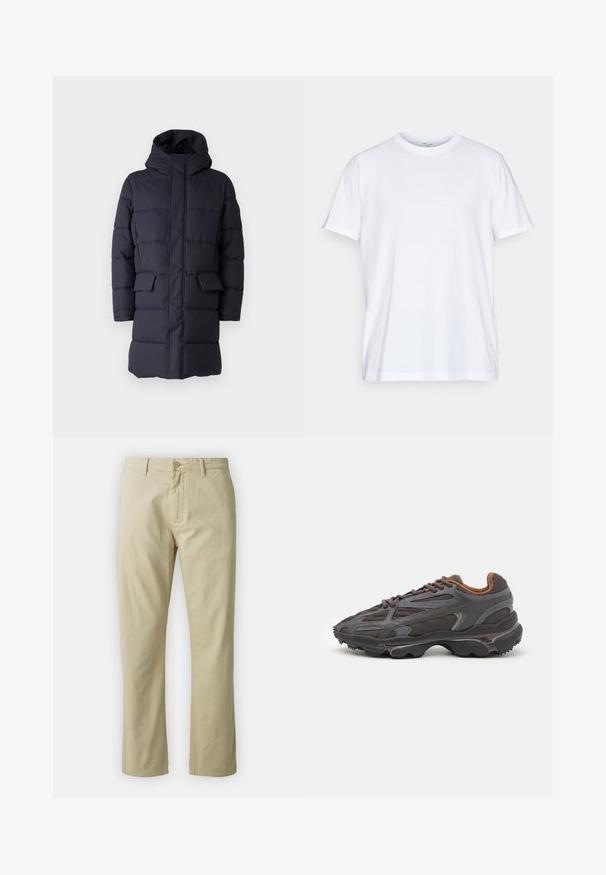 Kék puffermellény kapucnival, vízszintes steppelésű kialakítással, két elülső zsebbel és cipzáras záródással. Tartós anyagból készült.; Fehér pamut póló rövid ujjakkal, kerek nyakkivágással és laza fazonnal. Minimalista dizájn jellemzi, nincsenek minták vagy díszek.; Beige színű, egyenes lábú pamut nadrág, elöl gombos záródással és övhurkokkal. Simaság jellemzi, látható minták vagy díszítések nélkül.; Sötét szürke Lacoste sportcipők hálós és szintetikus anyagból, textúrázott talppal és barna díszítésekkel a nyak részen és a logón.