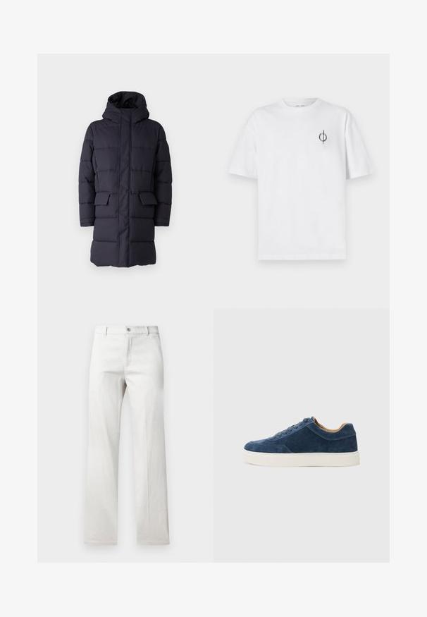Granatowa kurtka puchowa z kapturem, wyposażona w poziome przeszycia, dwa przednie kieszenie i zamek błyskawiczny. Wykonana z trwałego materiału.; Biała bawełniana koszulka o luźnym kroju, z małym czarnym graficznym logo na lewej piersi. Krótkie rękawy, klasyczny okrągły dekolt.; Jasnoszare spodnie o prostym kroju nogawki, wykonane z gładkiego materiału, z zapięciem na przedni guzik i bocznymi kieszeniami.; Niebieskie zamszowe sneakersy z białą gumową podeszwą, sznurowana konstrukcja, zaokrąglony nosek i kontrastowe, brązowe wnętrze. Subtelne detale w przeszyciach.