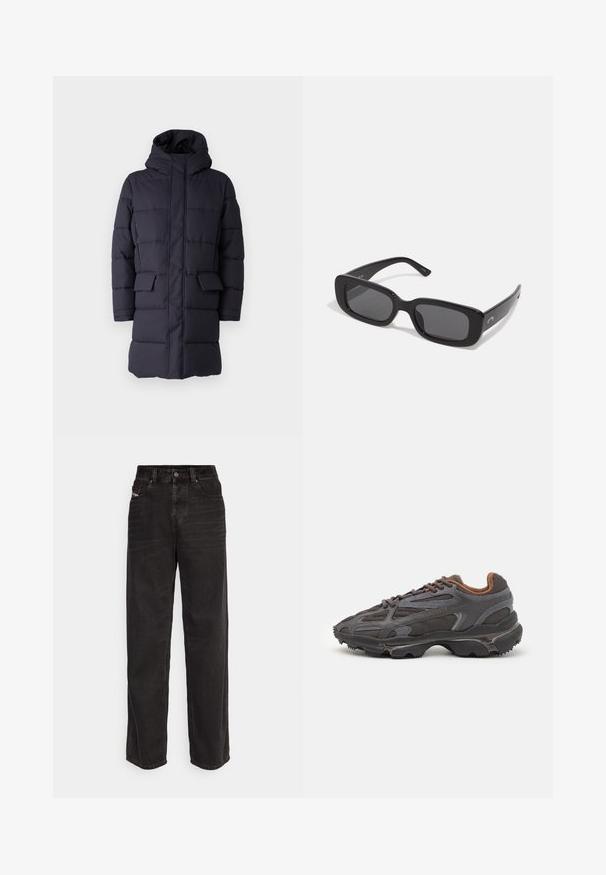 Geacă puffer albastră închis cu glugă, cu octomy pentru quiltare orizontală, două buzunare frontale și închidere cu fermoar. Fabricată dintr-un material durabil.; Tricou negru cu mânecă lungă, realizat din bumbac, cu un guler rotund și un mic logo brodat cu un crocodil verde pe partea stângă a pieptului.; Pantaloni evazați din denim negru, cu talie înaltă, închidere cu buton în față, două buzunare laterale și detalii subtile de cusătură.; Adidași Lacoste de culoare gri închis, din material mesh și sintetic, cu o talpă texturată și accente maronii pe guler și branding.; Ochelari de soare dreptunghiulari negri, cu lentile închise la culoare, rame din plastic neted și brațe late. Branding subtil pe lateral.