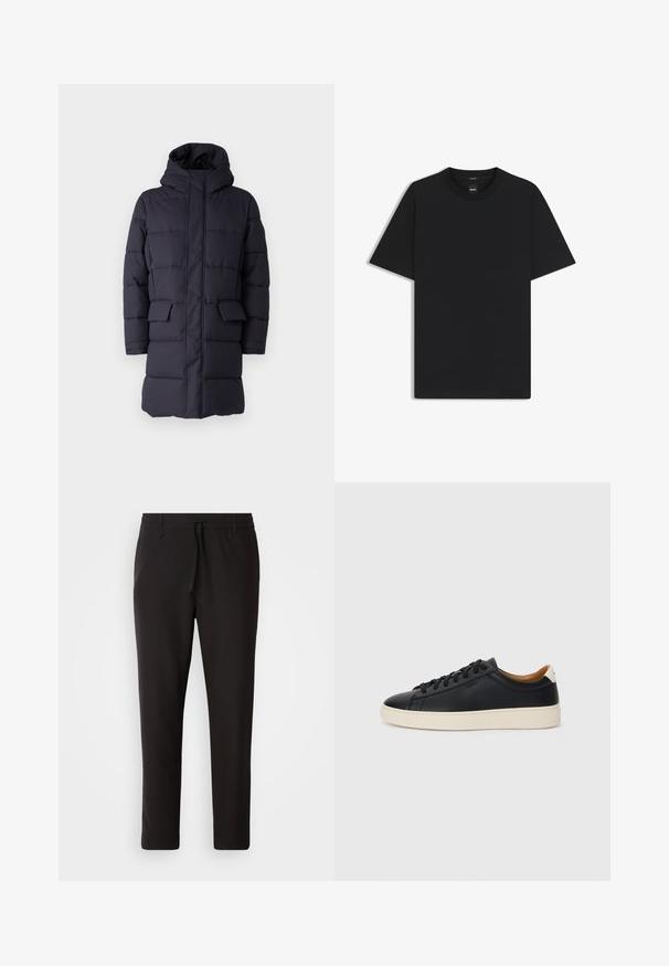 Marineblauer Puffermantel mit Kapuze, horizontal gesteppt, zwei Vorderaschen und Reißverschluss. Aus einem strapazierfähigen Stoff gefertigt.; Schwarz T-Shirt mit kurzen Ärmeln aus einem glatten Baumwollmix, mit Rundhalsausschnitt und einem minimalistischen Design ohne Muster oder Akzente.; Schwarze Jogginghose aus glattem Stoff. Mit einem elastischen Bund und Kordelzug, schmal zulaufenden Beinen und ohne sichtbare Taschen. Einfaches Design.; Schwarze Ledersneaker mit glatter Textur, beiger Gummisohle, Schnürdesign und einem kontrastierenden Fersenakzent.