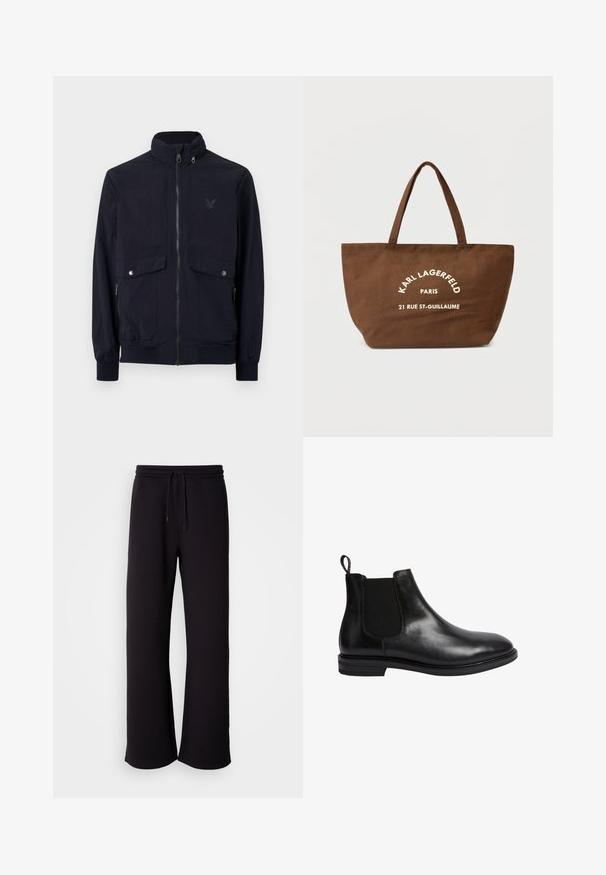 Giacca zip-up blu navy realizzata in tessuto leggero con colletto alto, due tasche frontali e polsini a costine. Presenta un logo discreto sul petto.; Maglione in lana grigio scuro con maniche lunghe e fondo a coste, mostrato dal retro su uno sfondo bianco uniforme.; Maglietta bianca a maniche corte con scollo rotondo, realizzata in cotone. Design semplice, senza motivi o accenti, vista da dietro.; Pantaloni sportivi neri in morbido tessuto, con vita regolabile tramite coulisse, vestibilità ampia e design a gamba dritta. Stile minimalista senza fantasie.; Stivale Chelsea in pelle nera con pannello laterale elastico, punta rotonda, linguetta sul retro e tacco basso impilato. Superficie liscia e lucida.; Borsa a mano in tela marrone con due manici, con testo stampato bianco "KARL LAGERFELD PARIS 21 RUE ST-GUILLAUME." Design semplice e forma spaziosa.