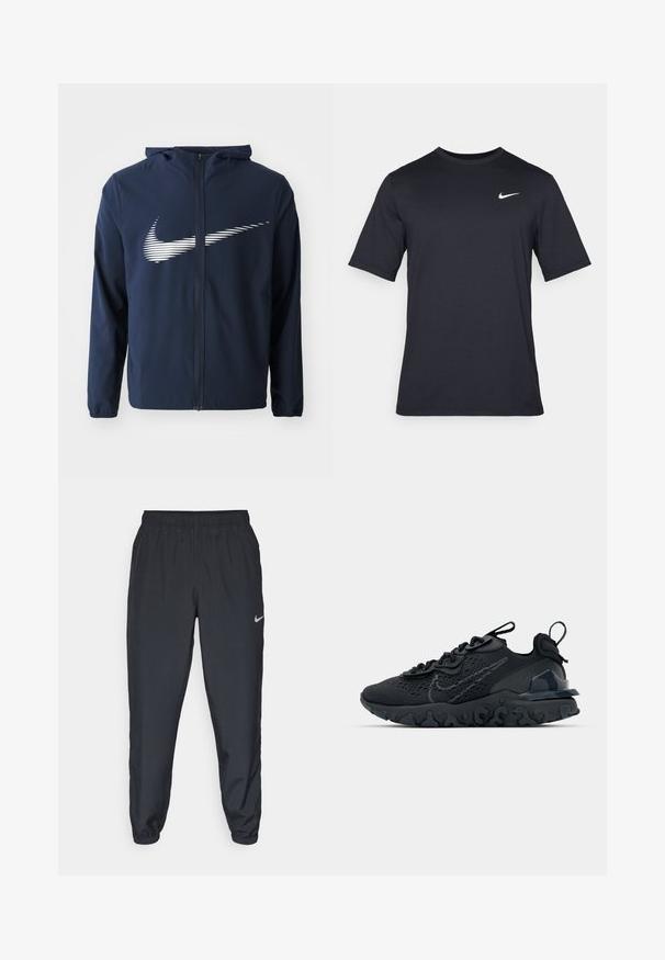 Navy Nike-Jacke mit Reißverschluss vorne, Kapuze und elastischen Bündchen. Verfügt über ein auffälliges, weißes, horizontal gestreiftes Logo auf der Brust. Glatte Textur.; Schwarzes, kurzärmliges Nike-T-Shirt aus glattem Material, mit einem weißen Swoosh-Logo auf der oberen linken Seite und Rundhalsausschnitt.; Schwarze Trainingshose aus einem leichten Stoff mit elastischem Bund, Knöchelabschlüssen und einem dezenten Nike-Logo auf der linken Seite.; Schwarzer Sportschuh mit atmungsaktivem Mesh-Obermaterial, strukturierten Akzenten und einer wellenförmigen Gummisohle. Verfügt über ein reflektierendes Logo und ein Schnürsystem.