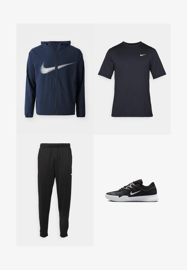 Jūras spēku Nike jaka ar rāvējslēdzēju priekšā, ar kapuci un elastīgām aprocēm. Iezīmējas ar izteiksmīgu baltu horizontālu svītru logotipu uz krūtīm. Gluda virsma.; Melnas īsām piedurknēm Nike t-krekls, izgatavots no gludas auduma, ar baltu swoosh logotipu augšējā kreisajā pusē, apaļu kakla izgriezumu.; Melnas sporta bikses, kas izgatavotas no gludas auduma, ar elastīgu jostu, sašaurinošām kājām un mazu balto logo kreisajā pusē.; Melni sporta apavi ar teksturētu virsu, balto Nike zulumu un balto gumijas zoli. Iezīmējas ar auklu pievilkšanas dizainu un dinamisku formu.