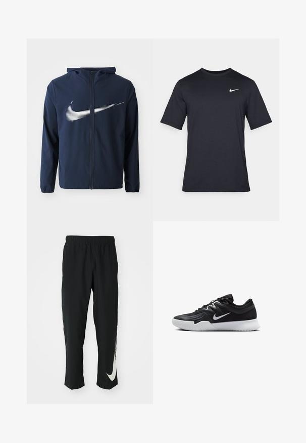 Navy Nike jacket with a zip front, hood, and elastic cuffs. Features a prominent white horizontal striped logo on the chest. Smooth texture.; Black short-sleeve Nike t-shirt made of smooth fabric, featuring a white swoosh logo on the upper left side, crew neckline.; Black athletic pants with elastic waistband, tapering design, featuring a large white Nike logo on the left leg. Soft, lightweight fabric.; Black athletic shoe with a textured upper, white Nike swoosh, and a white rubber outsole. Features a lace-up design and dynamic shape.