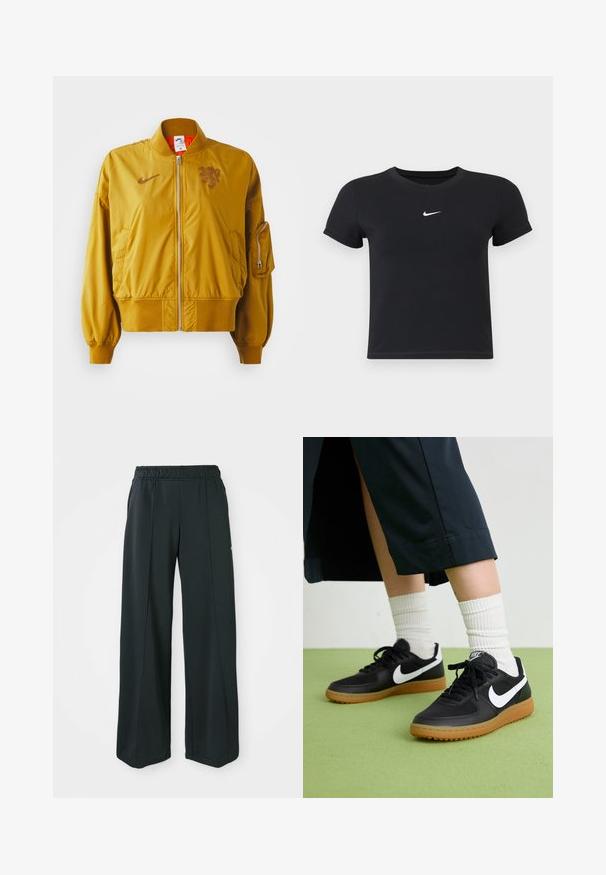 Veste bombardier jaune avec des poignets et un ourlet élastiques, dotée d'une fermeture éclair à l'avant, de poches latérales et d'un détail de logo sur la poitrine.; T-shirt noir à manches courtes en coton avec un col rond. Présente un logo Nike blanc sur la poitrine, un design minimaliste et une coupe ajustée.; Pantalons de sport noirs à jambes larges avec une taille élastique. Fabriqués en tissu lisse et extensible, avec des coutures avant discrètes et sans poches.; Baskets noires en cuir et synthétique avec le swoosh blanc de Nike, semelle en caoutchouc, bout rond et lacets noirs. Chaussettes blanches côtelées visibles.