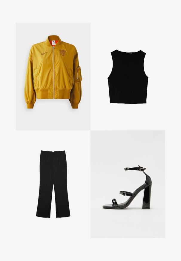 Yellow bomber jacket with elastic cuffs and hem, featuring a front zipper, side pockets, and a logo detail on the chest.; Black sleeveless crop top made of smooth fabric, featuring a round neck and a clean, simple design without patterns or hardware.; Black trousers with a straight fit, featuring front pockets and side slits at the hem. Made of soft, smooth fabric. Suitable for various occasions.; Black patent heeled sandals with a square toe, ankle straps, and silver buckles. Features a chunky block heel for stability.