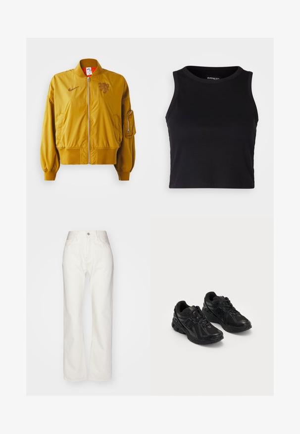 Veste bombardier jaune avec des poignets et un ourlet élastiques, dotée d'une fermeture éclair à l'avant, de poches latérales et d'un détail de logo sur la poitrine.; Top court noir à côtes avec un col rond et un design sans manches. Fabriqué en tissu doux et extensible, avec des bords ourlés propres.; Pantalons en denim blanc avec une taille haute et une coupe évasée. Comprend une fermeture à bouton et à fermeture éclair, des passants de ceinture et des détails de couture subtils.; Chaussures de sport noires en maille et en matériaux synthétiques. Elles disposent d'une semelle rembourrée, de motifs texturés et d'un logo en relief sur le côté.
