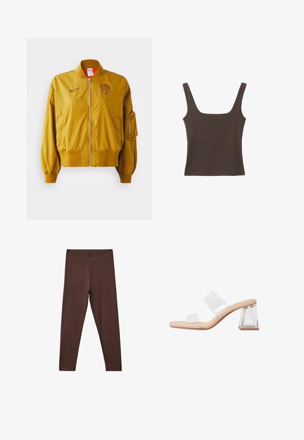 Rumena bomberska jakna z elastičnimi manšetami in robom, ki vključuje sprednji zadrgo, stranske žepke in podrobnost z logotipom na prsih.; Rjava brezrokavna majica s kvadratnim izrezom, narejena iz mehkega, elastičnega materiala. Ima oprijet kroj in ravne šive.; Rjave elastične legice z oblikovanim krojem, visokim pasom in brez vidnih vzorcev ali okraskov. Gladka tekstura in dolg kroj.; Prozorne sandale na peto z dvema prozornima naramnicama, bež podlago in geometrijsko prozorno blok peto. Minimalističen dizajn z gladko teksturo.