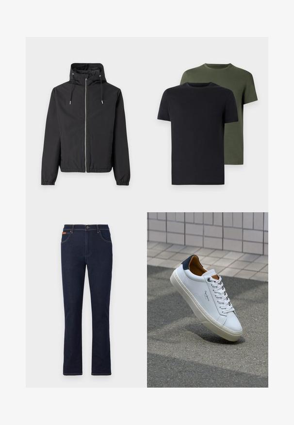 Black lightweight jacket with a high collar, full zipper, and drawstring hood. Soft fabric, elastic cuffs, and a relaxed fit.; Two crew-neck t-shirts in black and olive green, made of soft cotton fabric. The design is simple with short sleeves and a straight cut.; Dark blue denim jeans with a straight leg cut, featuring orange stitching, five pockets, and a button closure at the waist.; White leather sneaker with a navy heel, round toe, and contrasting brown accents. Features flat laces and textured rubber sole.