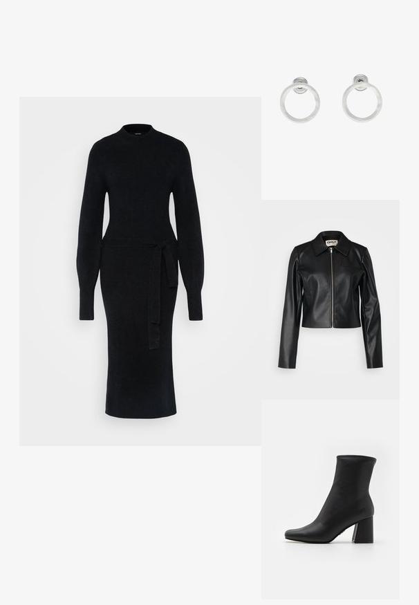 Giacca cropped in pelle nera con colletto, zip frontale e maniche lunghe. Presenta una piccola tasca sul petto e una texture liscia.; Abito nero in maglia caratterizzato da maniche lunghe, scollo alto e una cintura in vita. La silhouette è aderente, con un orlo midi dritto.; Stivale alla caviglia nero in pelle liscia con punta affilata e tacco spesso e rettangolare. Presenta un bordo superiore cucito per un tocco di dettaglio in più.; Zign LEATHER - Borsa a mano - dark red; Orecchini a cerchio in metallo argento con finitura spazzolata, caratterizzati da un design circolare e un gancio trasparente sul retro per una vestibilità sicura.