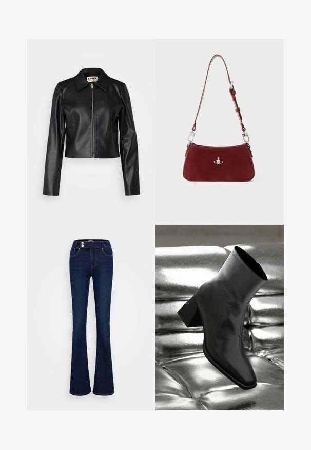Veste en cuir noir courte avec col, fermeture éclair à l'avant et manches longues. Possède une petite poche poitrine et une texture lisse.; Haut à manches longues et col haut recouvert de sequins argentés. Présente une texture lisse avec une silhouette ajustée et des détails de conception à épaules bouffantes.; Jean bleu foncé évasé avec une taille haute, deux poches avant et deux fermetures à bouton. Fabriqué en denim avec une texture lisse.; Botte noire à la cheville en matériau brillant avec un bout carré et un talon effilé, sur un fond argenté brillant et capitonné.; Sac à épaule en daim rouge avec une forme incurvée. Présente un accent en métal argenté et une bandoulière réglable avec des détails en quincaillerie. Texture lisse.