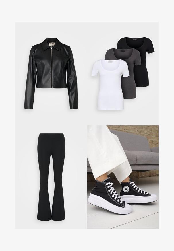 Fekete bőr, cropped dzseki gallérral, elülső cipzárral és hosszú ujjakkal. Kicsi mellzsebével és sima tapintásával rendelkezik.; Három szűkített T-póló fehér, szürke és fekete színben. Mindegyik széles, kerek nyakkal és rövid ujjakkal rendelkezik. Simább, elasztikus anyagból készült.; Fekete harangszárú nadrág, rugalmas anyagból készült, magas derékkal és sima felülettel. A nadrág a térdtől kezdve bővül.; Fekete magas szárú tornacipők fehér gumitalppal és fűzővel. Kör alakú logófolttal és kontrasztos fehér varrással. Vászon anyagból.