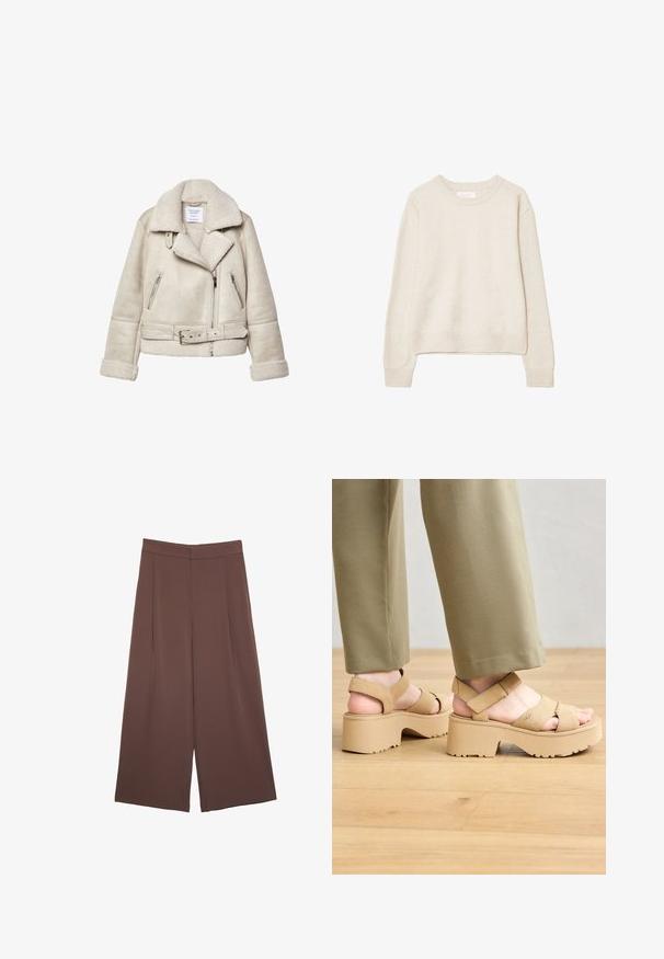 Cream-colored shearling jacket with a wide collar, zippered pockets, and a belted waist. Features textured fabric and soft lining.; Beige long-sleeve crewneck sweater with ribbed cuffs and hem, made of soft knit fabric, displayed against a white background.; Brown wide-leg trousers with a smooth texture, featuring a high waist and front pleats. The fabric is lightweight and flows loosely.; Beige suede platform sandals with wide straps and a chunky sole. Features adjustable back strap and textured tread for grip.